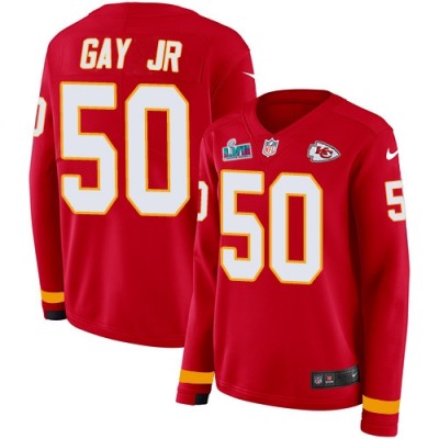 Nike Kansas City Chiefs #50 Willie Gay Jr. Red Team Color Super Bowl LVII Patch Women's Stitched NFL Limited Therma Long Sleeve Jersey